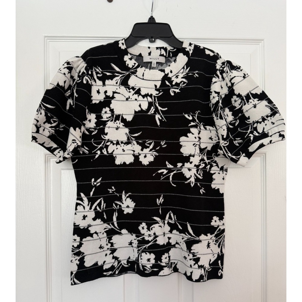 MILLY Black White Floral Knit Top Women's Large Short Sleeve Sweater Blouse